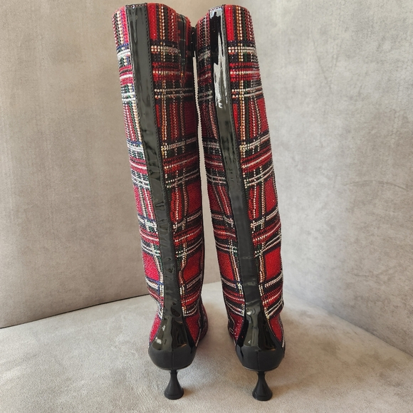 Alex Marie dress boots 7 red plaid OzaraTwo knee high kitten pointy new $190 - Picture 13 of 17